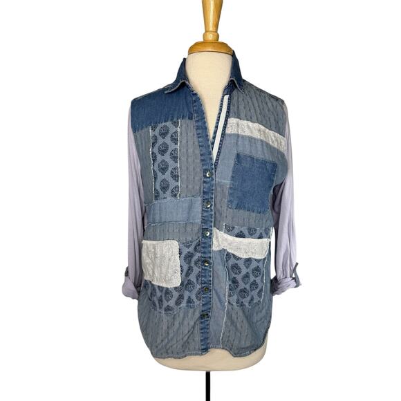 Sundance Tops - SUNDANCE Denim Patchwork Mixed Media Roll Tab Sleeve Shirt Size Large Womens